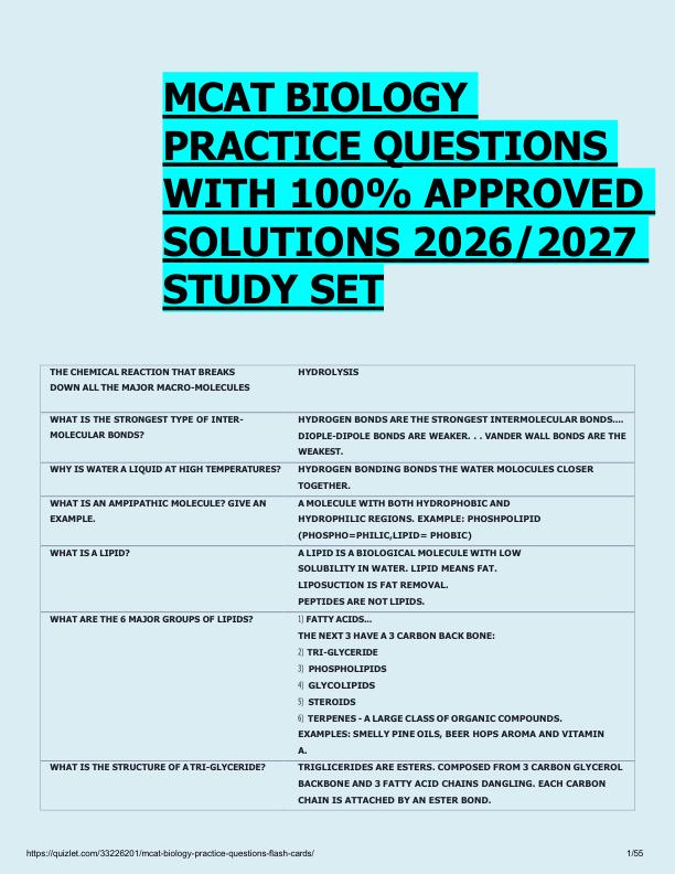           MCAT BIOLOGY  PRACTICE QUESTIONS  WITH 100% APPROVED  SOLUTIONS 2026/2027  STUDY SET