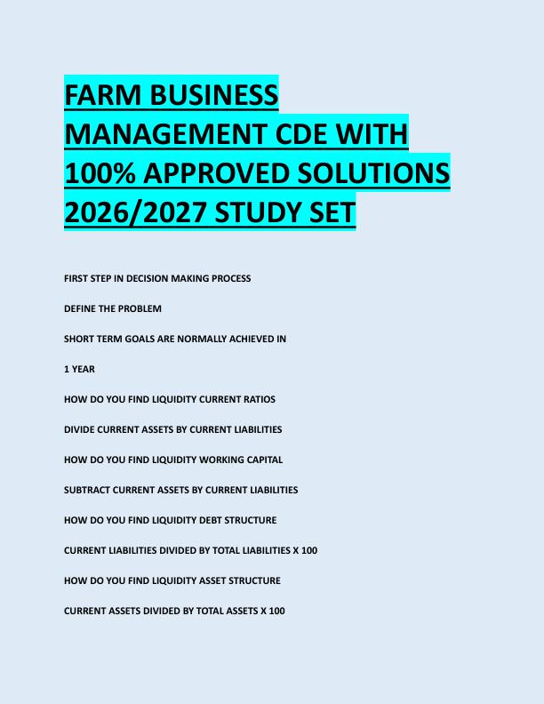 FARM BUSINESS  MANAGEMENT CDE WITH  100% APPROVED SOLUTIONS  2026/2027 STUDY SET