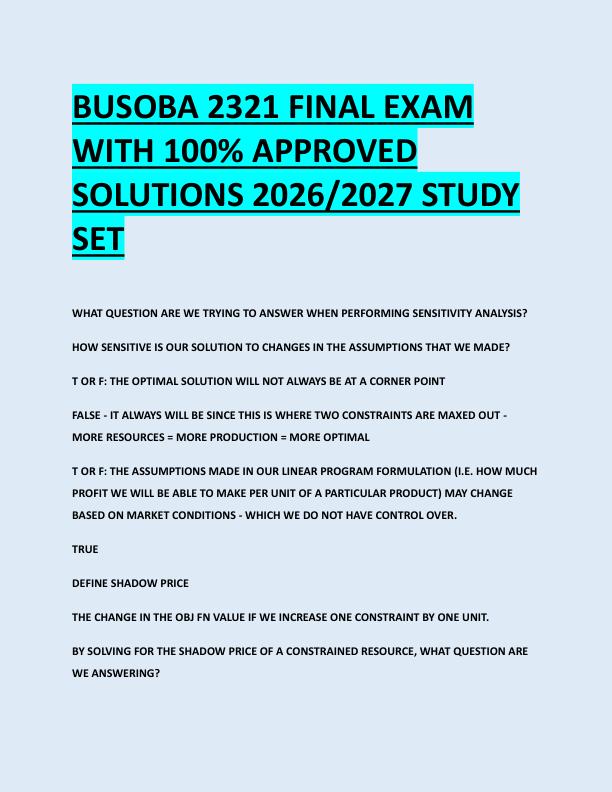 BUSOBA 2321 FINAL EXAM  WITH 100% APPROVED  SOLUTIONS 2026/2027 STUDY  SET 