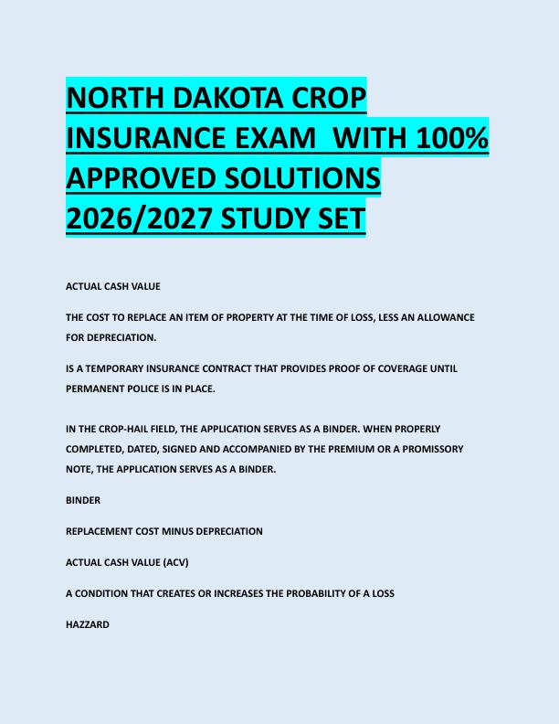 NORTH DAKOTA CROP  INSURANCE EXAM  WITH 100%  APPROVED SOLUTIONS  2026/2027 STUDY SET 