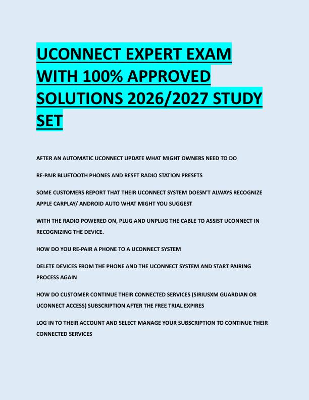 UCONNECT EXPERT EXAM  WITH 100% APPROVED  SOLUTIONS 2026/2027 STUDY  SET 