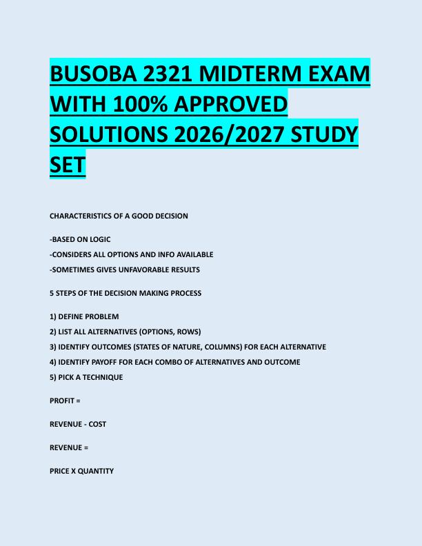 BUSOBA 2321 MIDTERM EXAM  WITH 100% APPROVED  SOLUTIONS 2026/2027 STUDY  SET 