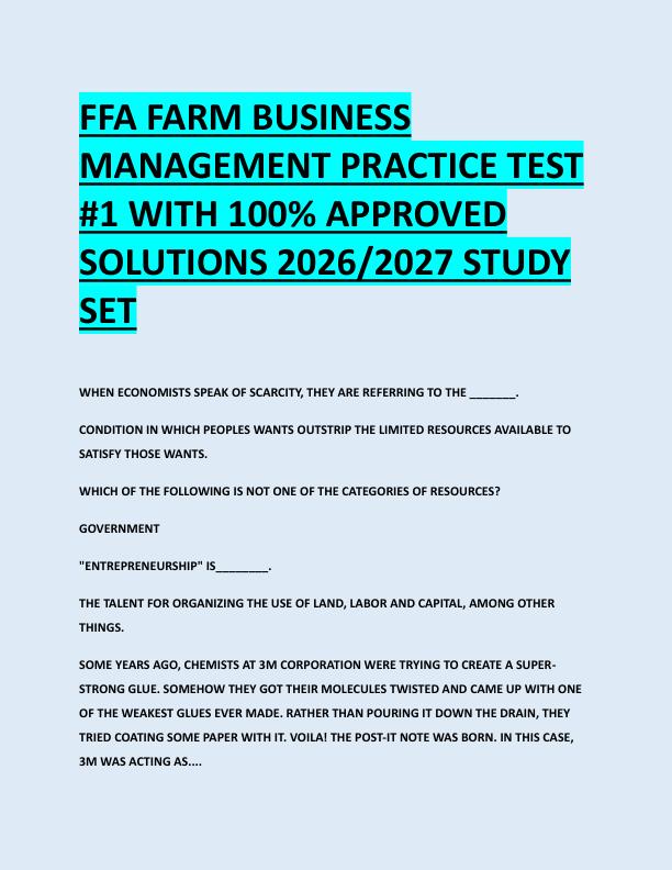 FFA FARM BUSINESS  MANAGEMENT PRACTICE TEST  #1 WITH 100% APPROVED  SOLUTIONS 2026/2027 STUDY  SET 