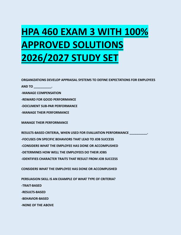 HPA 460 EXAM 3 WITH 100%  APPROVED SOLUTIONS  2026/2027 STUDY SET 