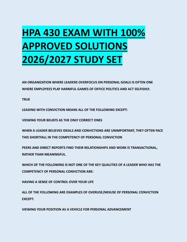 HPA 430 EXAM WITH 100%  APPROVED SOLUTIONS  2026/2027 STUDY SET