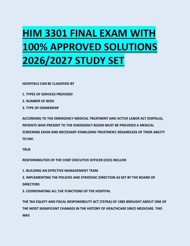 HIM 3301 FINAL EXAM WITH  100% APPROVED SOLUTIONS  2026/2027 STUDY SET 