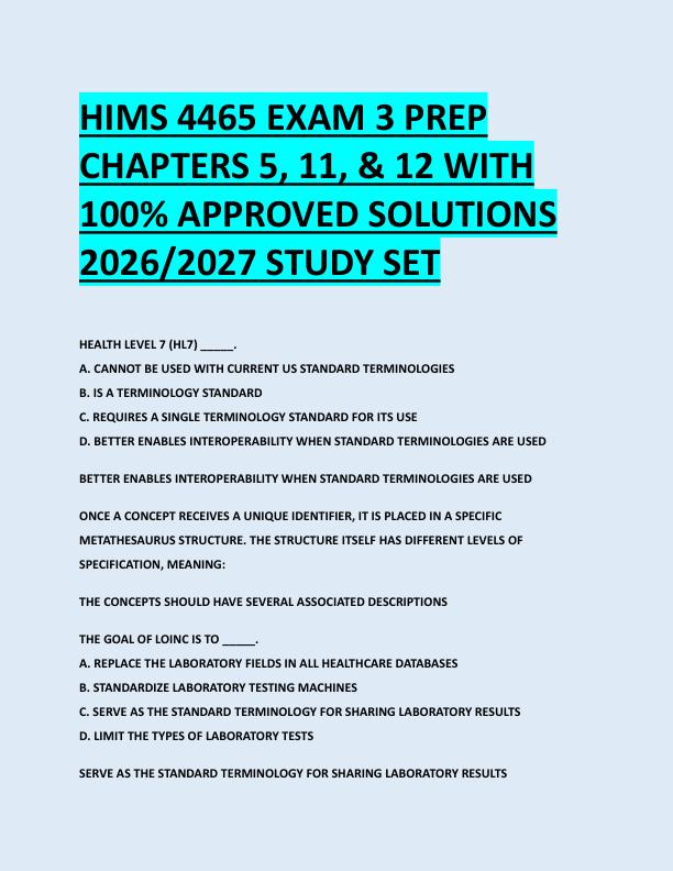 HIMS 4465 EXAM 3 PREP  CHAPTERS 5, 11, & 12 WITH  100% APPROVED SOLUTIONS  2026/2027 STUDY SET