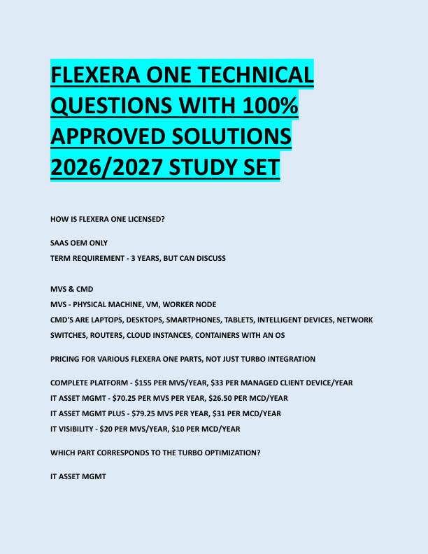 FLEXERA ONE TECHNICAL  QUESTIONS WITH 100%  APPROVED SOLUTIONS  2026/2027 STUDY SET FLEXERA ONE TECHNICAL  QUESTIONS WITH 100%  APPROVED SOLUTIONS  2026/2027 STUDY SET 