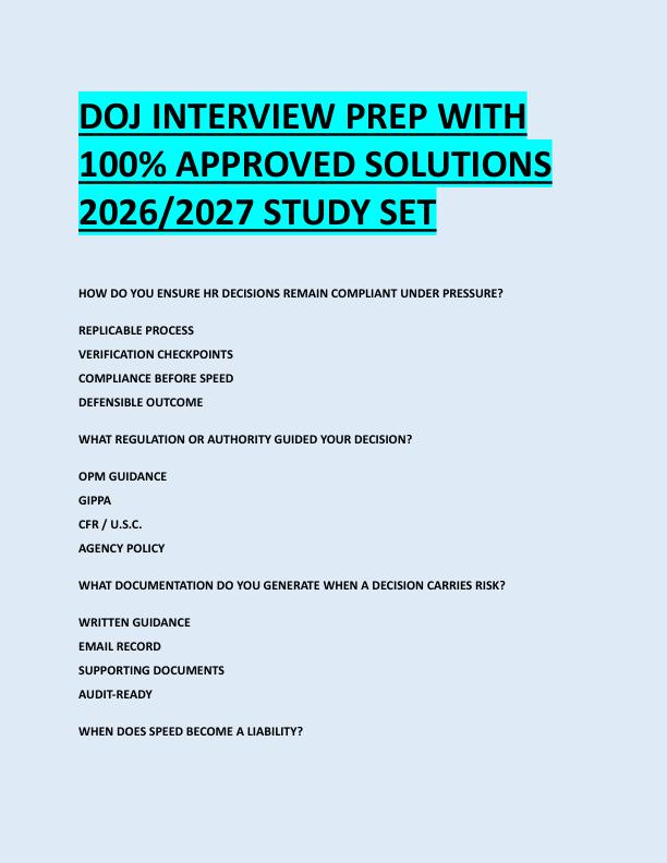 DOJ INTERVIEW PREP WITH  100% APPROVED SOLUTIONS  2026/2027 STUDY SET