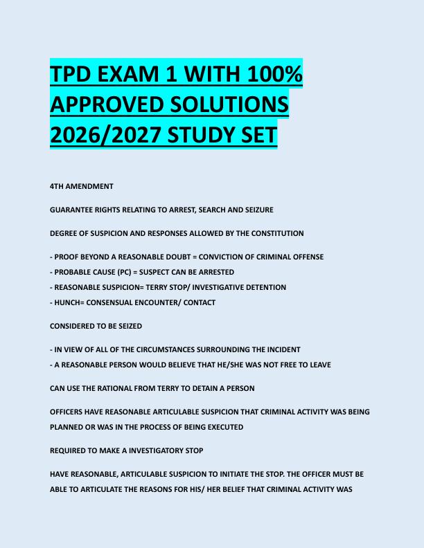 TPD EXAM 1 WITH 100%  APPROVED SOLUTIONS  2026/2027 STUDY SET 