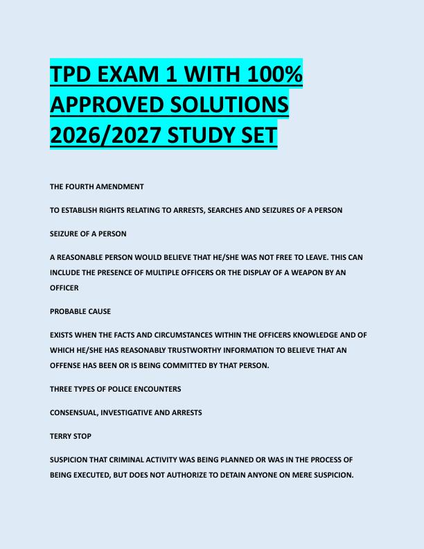 TPD EXAM 1 WITH 100%  APPROVED SOLUTIONS  2026/2027 STUDY SET