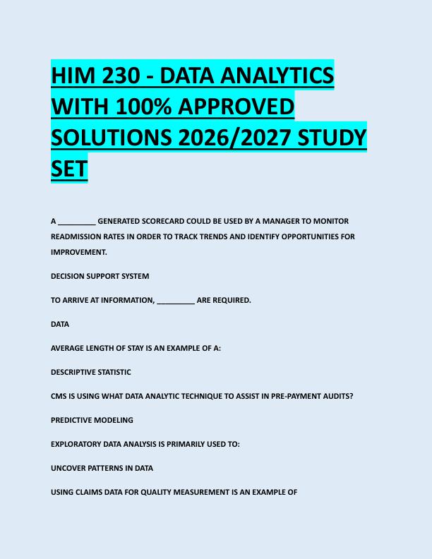 HIM 230 - DATA ANALYTICS  WITH 100% APPROVED  SOLUTIONS 2026/2027 STUDY  SET 