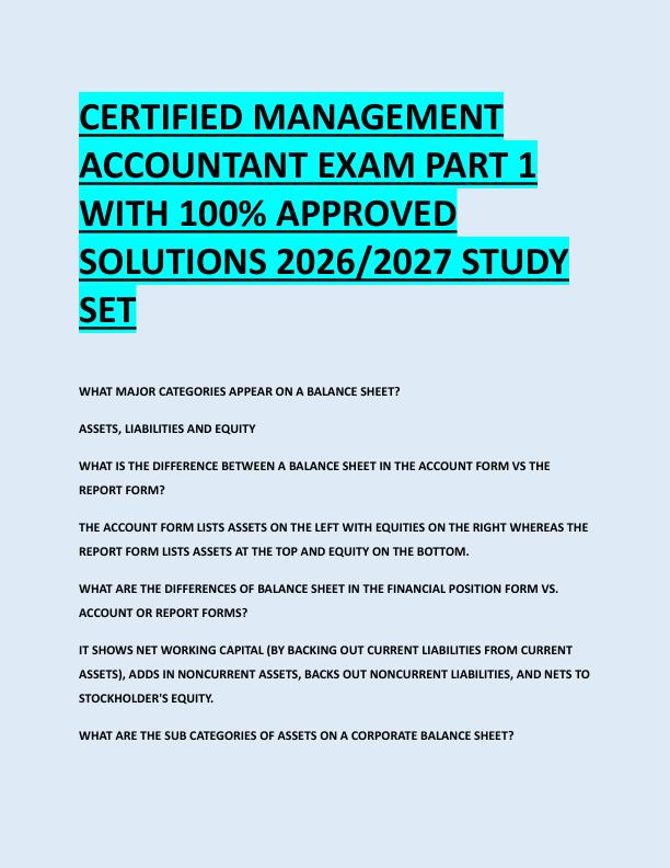 CERTIFIED MANAGEMENT  ACCOUNTANT EXAM PART 1  WITH 100% APPROVED  SOLUTIONS 2026/2027 STUDY  SET 