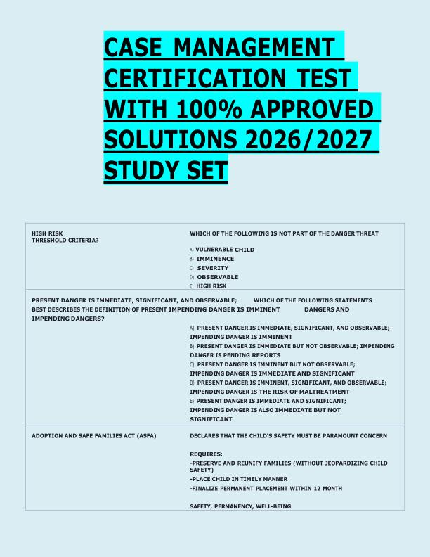 CASE MANAGEMENT  CERTIFICATION TEST  WITH 100% APPROVED  SOLUTIONS 2026/2027  STUDY SET 