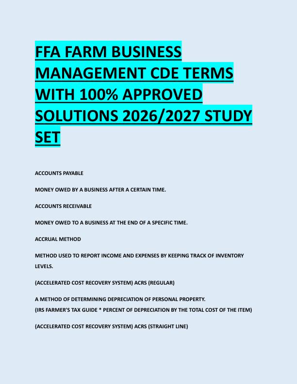 FFA FARM BUSINESS  MANAGEMENT CDE TERMS  WITH 100% APPROVED  SOLUTIONS 2026/2027 STUDY  SET 