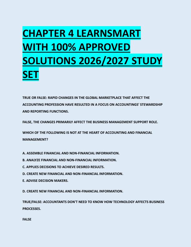 CHAPTER 4 LEARNSMART  WITH 100% APPROVED  SOLUTIONS 2026/2027 STUDY  SET 