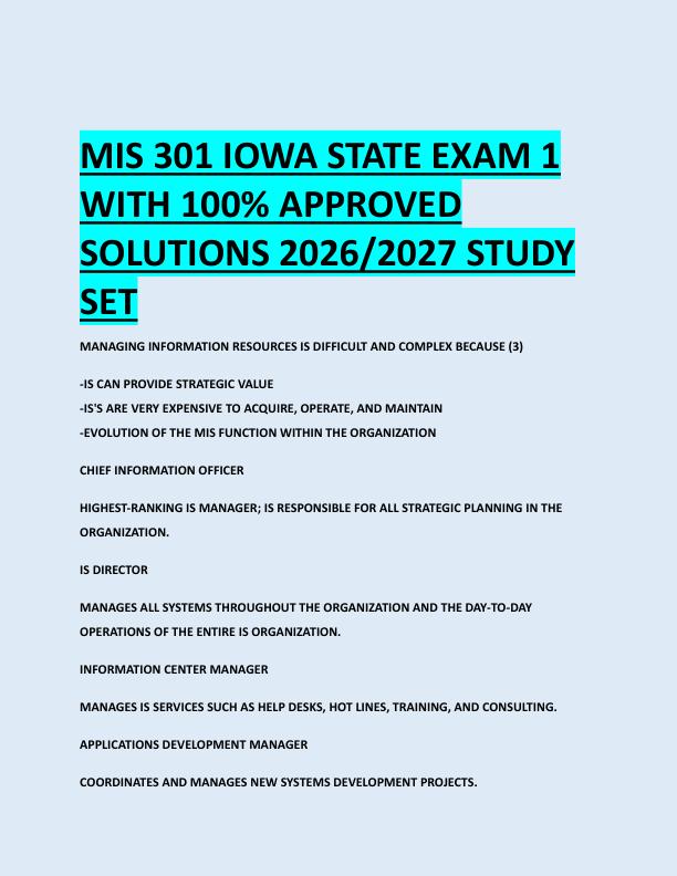 MIS 301 IOWA STATE EXAM 1  WITH 100% APPROVED  SOLUTIONS 2026/2027 STUDY  SET 