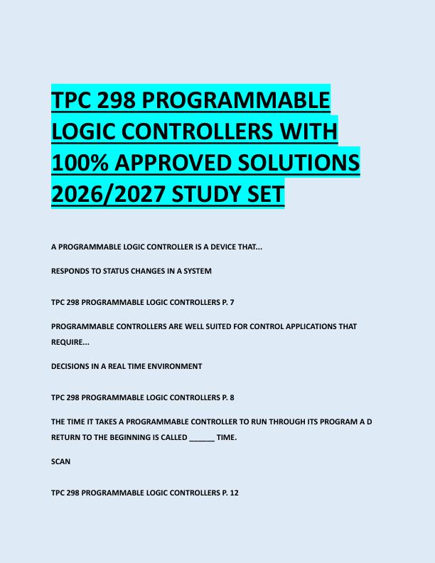 TPC 298 PROGRAMMABLE  LOGIC CONTROLLERS WITH  100% APPROVED SOLUTIONS  2026/2027 STUDY SET