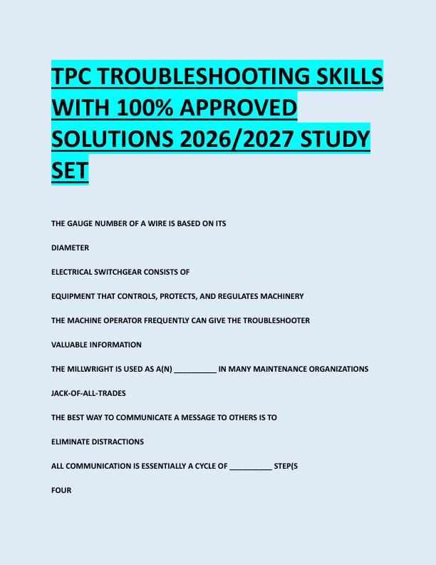 TPC TROUBLESHOOTING SKILLS  WITH 100% APPROVED  SOLUTIONS 2026/2027 STUDY  SET 