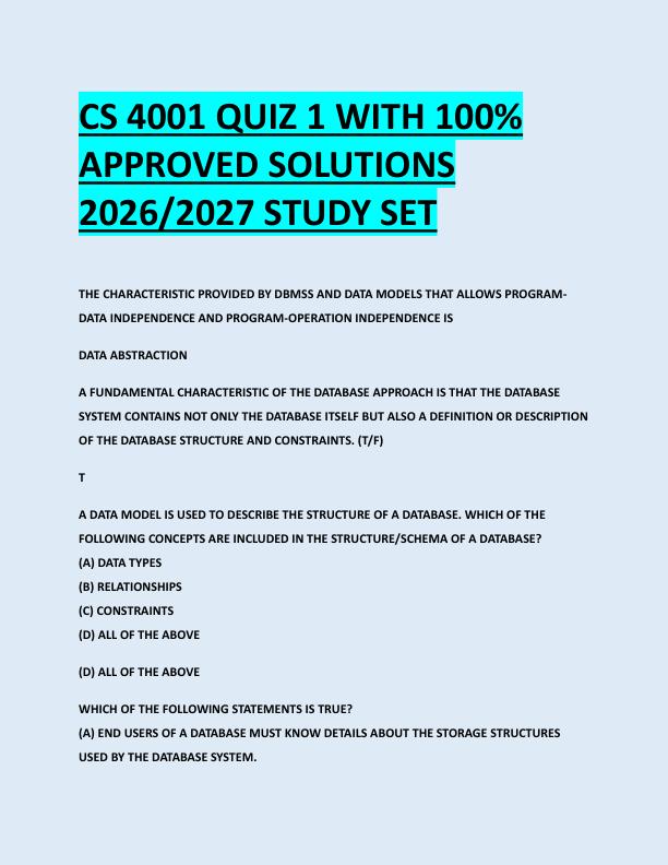 CS 4001 QUIZ 1 WITH 100%  APPROVED SOLUTIONS  2026/2027 STUDY SET 