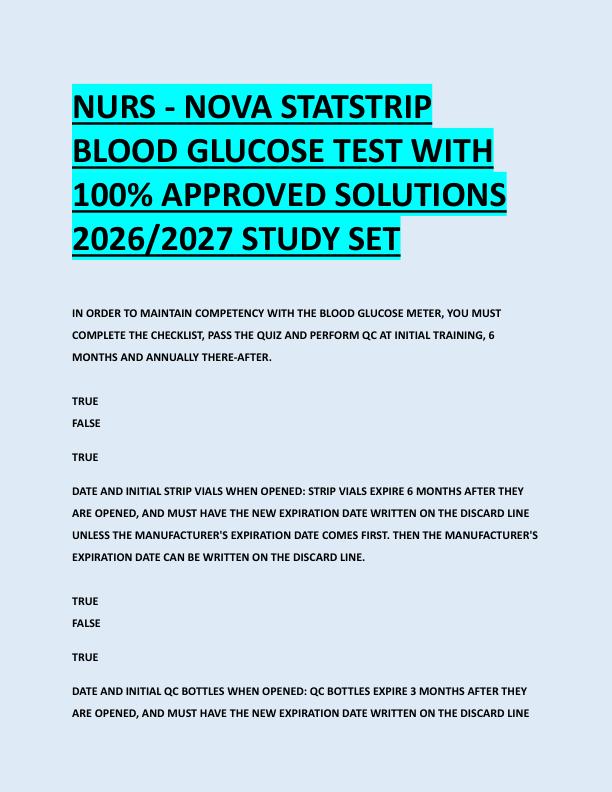 NURS - NOVA STATSTRIP  BLOOD GLUCOSE TEST WITH  100% APPROVED SOLUTIONS  2026/2027 STUDY SET 