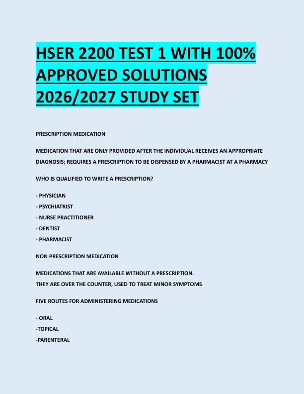 HSER 2200 TEST 1 WITH 100%  APPROVED SOLUTIONS  2026/2027 STUDY SET 