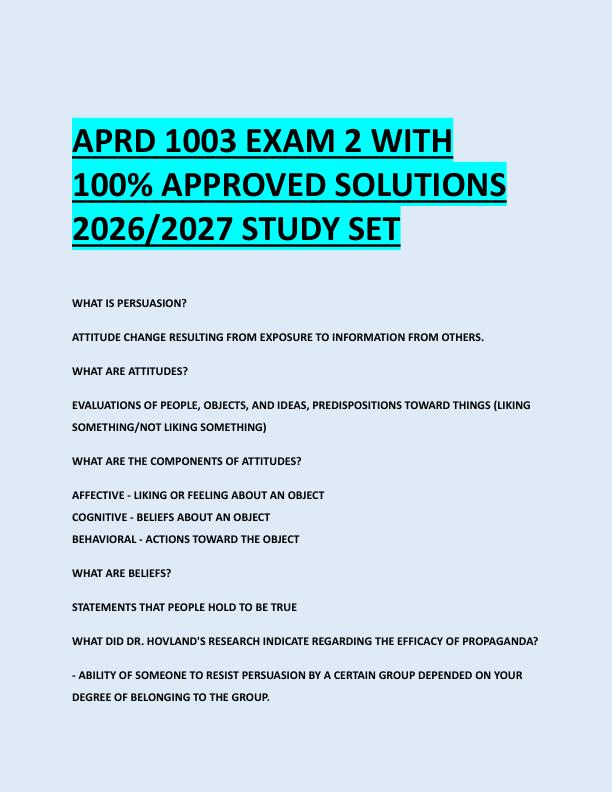 APRD 1003 EXAM 2 WITH  100% APPROVED SOLUTIONS  2026/2027 STUDY SET 