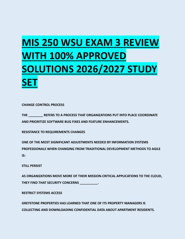 MIS 250 WSU EXAM 3 REVIEW  WITH 100% APPROVED  SOLUTIONS 2026/2027 STUDY  SET 