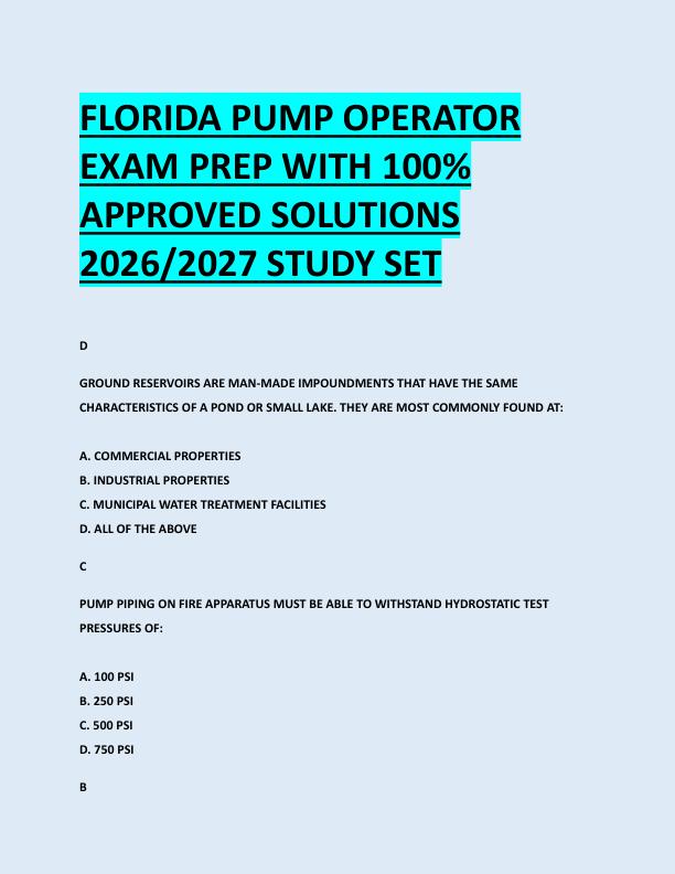 FLORIDA PUMP OPERATOR  EXAM PREP WITH 100%  APPROVED SOLUTIONS  2026/2027 STUDY SET 