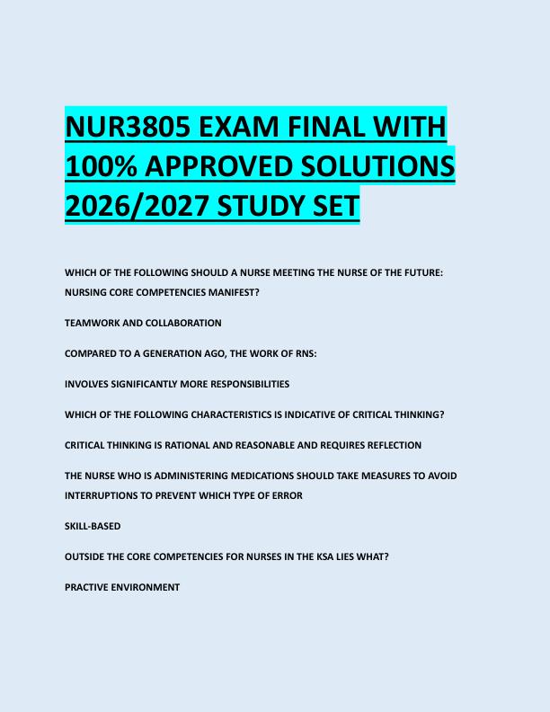 NUR3805 EXAM FINAL WITH  100% APPROVED SOLUTIONS  2026/2027 STUDY SET 
