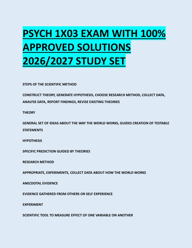 PSYCH 1X03 EXAM WITH 100%  APPROVED SOLUTIONS  2026/2027 STUDY SET