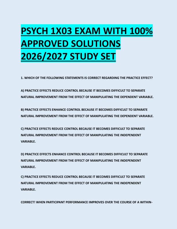 PSYCH 1X03 EXAM WITH 100%  APPROVED SOLUTIONS  2026/2027 STUDY SET