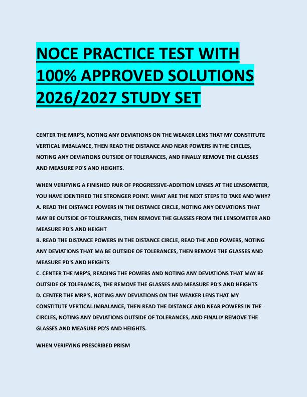 NOCE PRACTICE TEST WITH  100% APPROVED SOLUTIONS  2026/2027 STUDY SET 