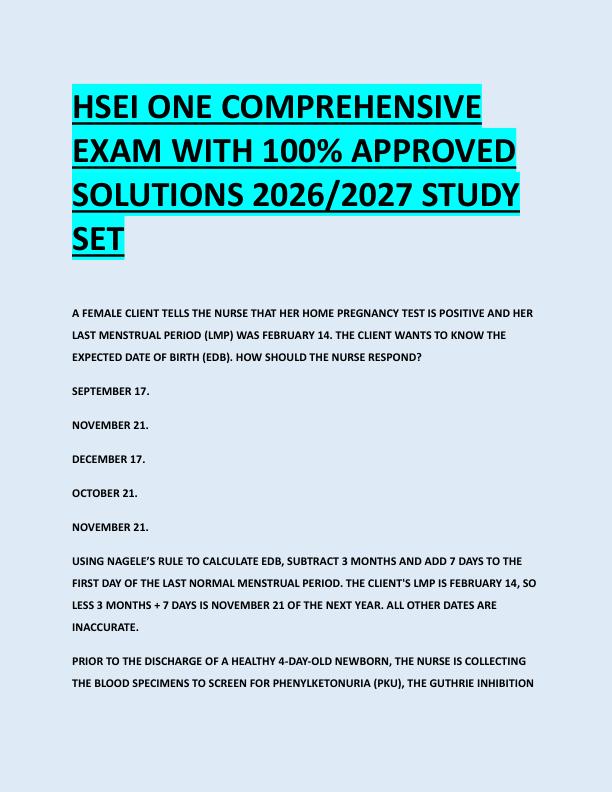HSEI ONE COMPREHENSIVE  EXAM WITH 100% APPROVED  SOLUTIONS 2026/2027 STUDY  SET 