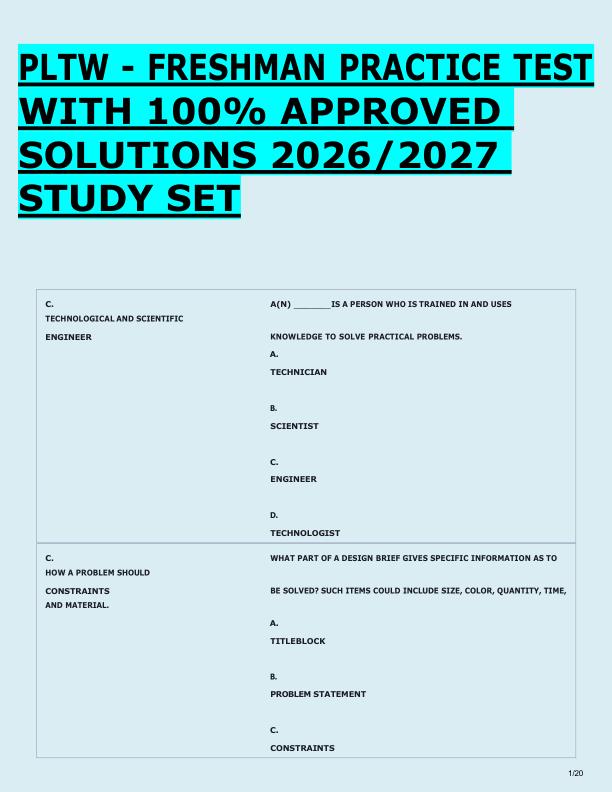 PLTW - FRESHMAN PRACTICE TEST   WITH 100% APPROVED  SOLUTIONS 2026/2027  STUDY SET 