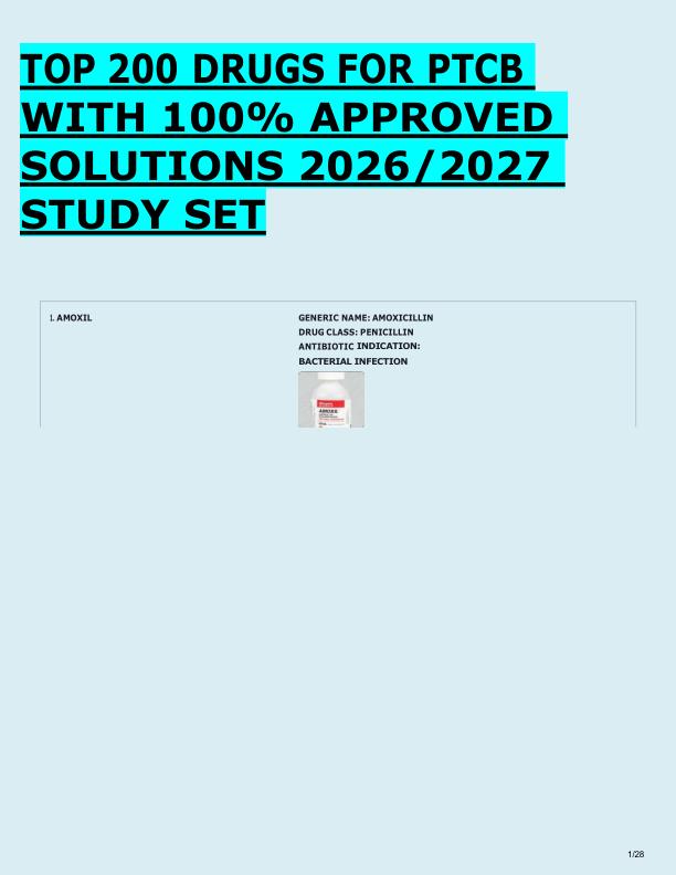 TOP 200 DRUGS FOR PTCB  WITH 100% APPROVED  SOLUTIONS 2026/2027  STUDY SET