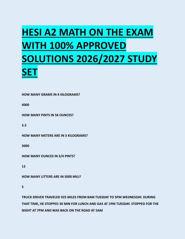 HESI A2 MATH ON THE EXAM  WITH 100% APPROVED  SOLUTIONS 2026/2027 STUDY  SET 