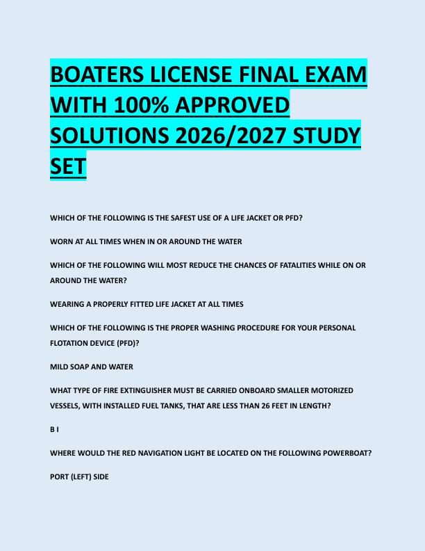 BOATERS LICENSE FINAL EXAM  WITH 100% APPROVED  SOLUTIONS 2026/2027 STUDY  SET 