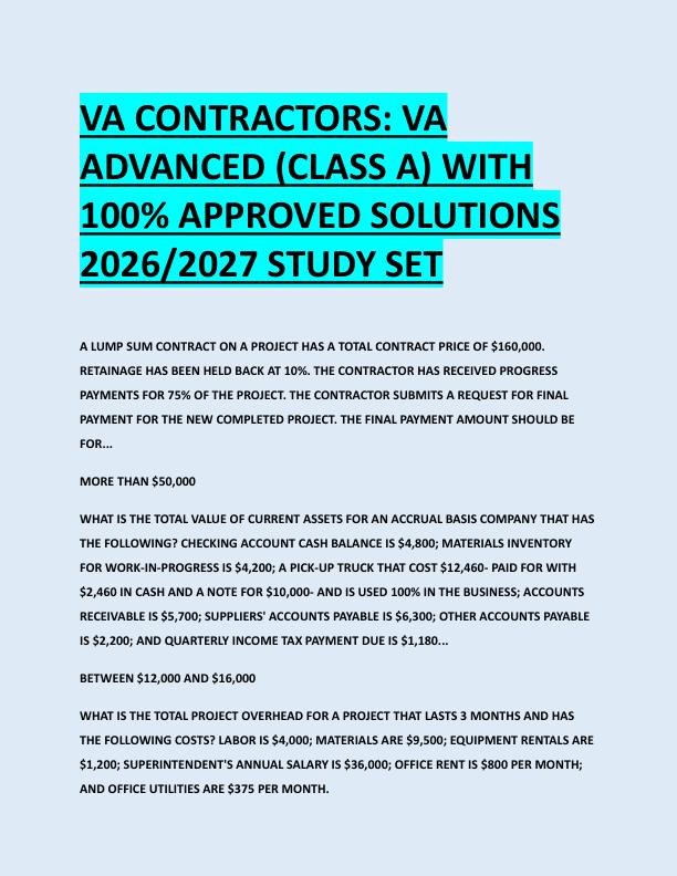 VA CONTRACTORS: VA  ADVANCED (CLASS A) WITH  100% APPROVED SOLUTIONS  2026/2027 STUDY SET