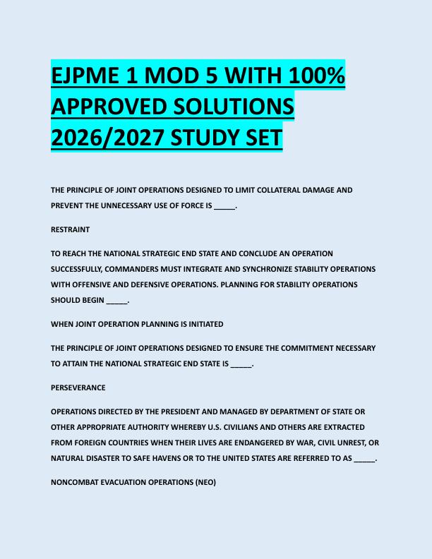 EJPME 1 MOD 5 WITH 100%  APPROVED SOLUTIONS  2026/2027 STUDY SET 