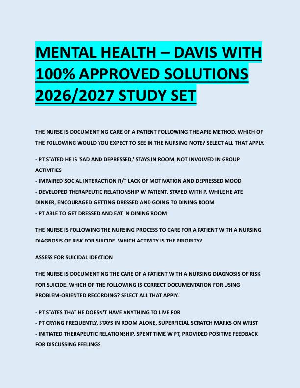 MENTAL HEALTH – DAVIS WITH  100% APPROVED SOLUTIONS  2026/2027 STUDY SET 