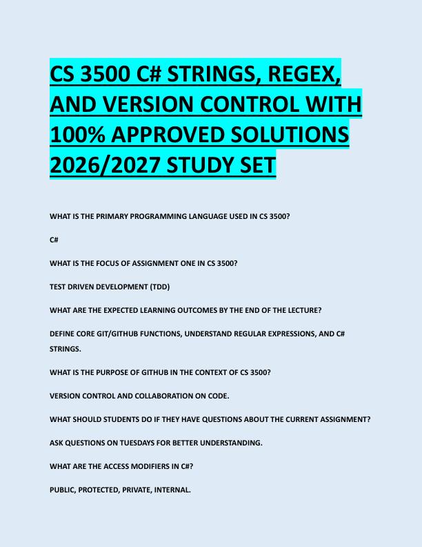 CS 3500 C# STRINGS, REGEX,  AND VERSION CONTROL WITH  100% APPROVED SOLUTIONS  2026/2027 STUDY SET
