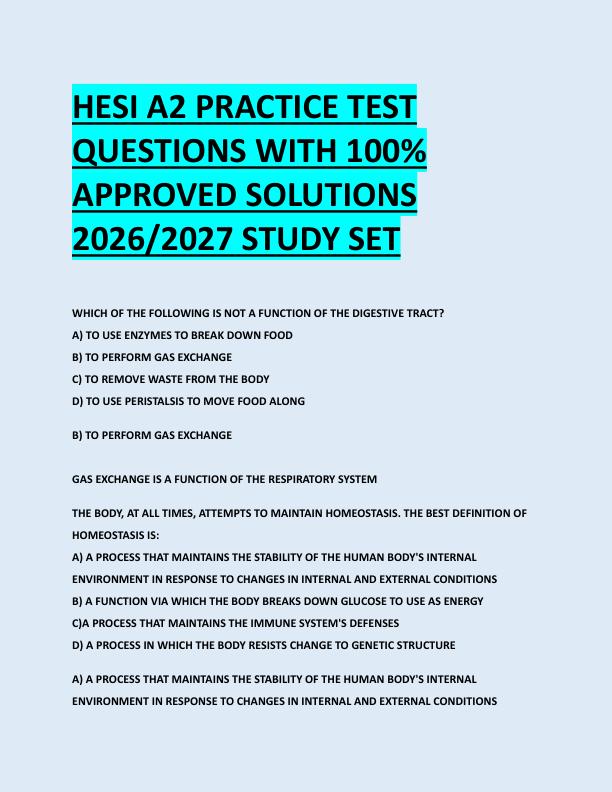 HESI A2 PRACTICE TEST  QUESTIONS WITH 100%  APPROVED SOLUTIONS  2026/2027 STUDY SET