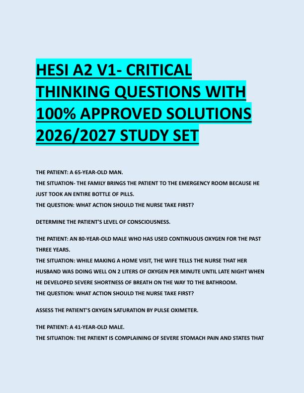 HESI A2 V1- CRITICAL  THINKING QUESTIONS WITH  100% APPROVED SOLUTIONS  2026/2027 STUDY SET