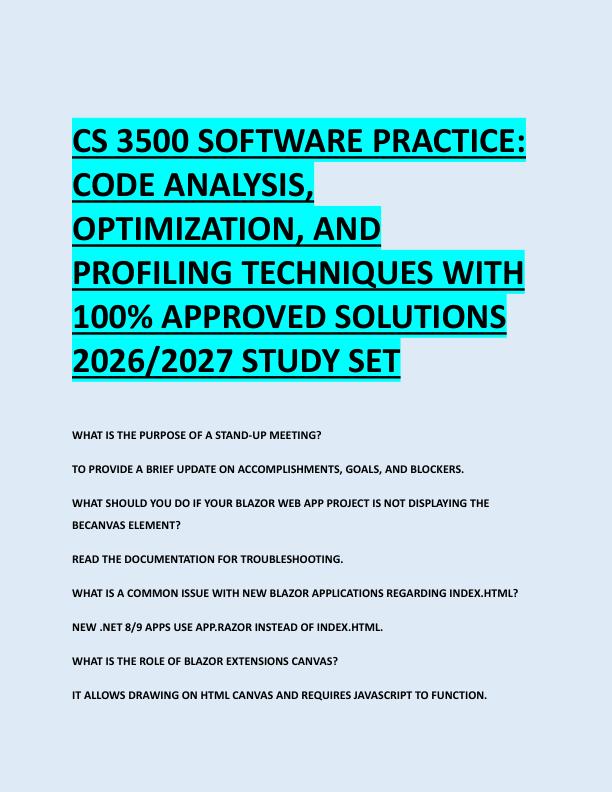 CS 3500 SOFTWARE PRACTICE:  CODE ANALYSIS,  OPTIMIZATION, AND  PROFILING TECHNIQUES WITH  100% APPROVED SOLUTIONS  2026/2027 STUDY SET