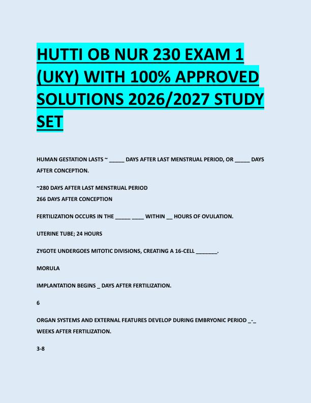 HUTTI OB NUR 230 EXAM 1  (UKY) WITH 100% APPROVED  SOLUTIONS 2026/2027 STUDY  SET 