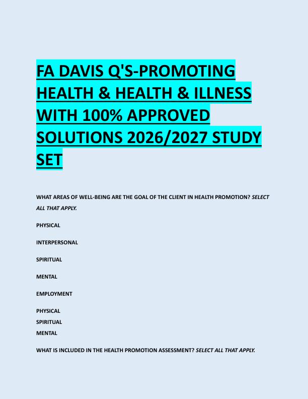 FA DAVIS Q'S-PROMOTING  HEALTH & HEALTH & ILLNESS  WITH 100% APPROVED  SOLUTIONS 2026/2027 STUDY  SET 