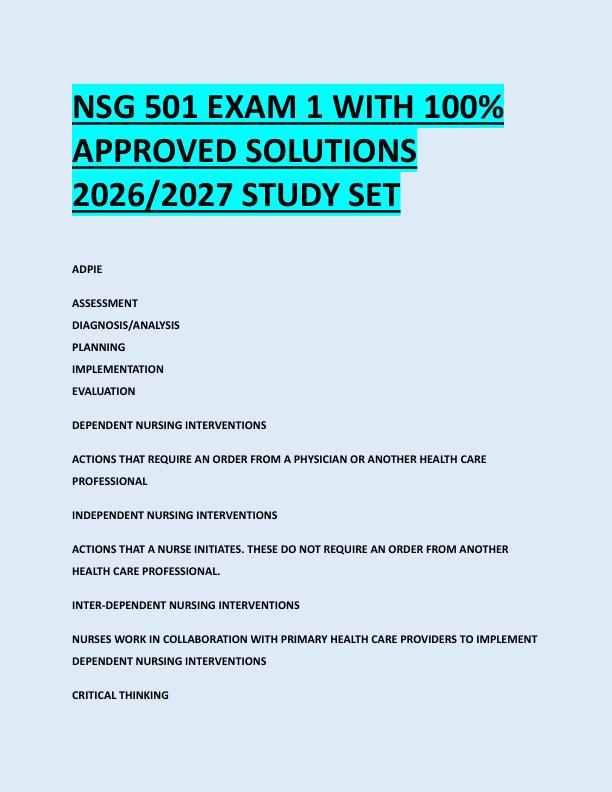NSG 501 EXAM 1 WITH 100%  APPROVED SOLUTIONS  2026/2027 STUDY SET 