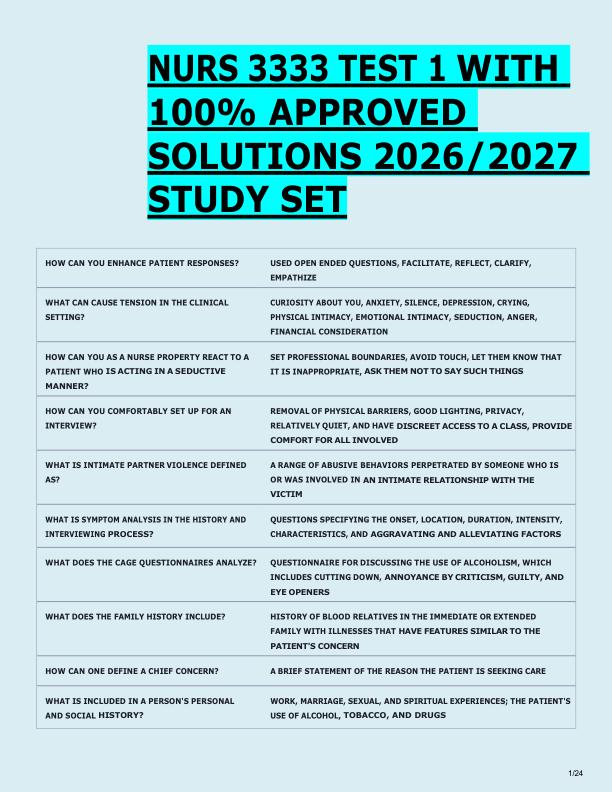 NURS 3333 TEST 1 WITH  100% APPROVED  SOLUTIONS 2026/2027  STUDY SET