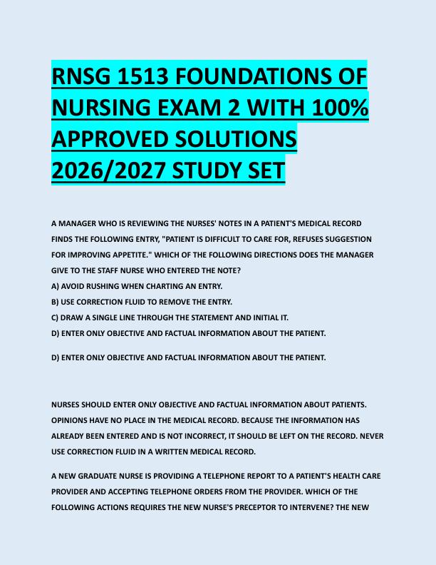 RNSG 1513 FOUNDATIONS OF  NURSING EXAM 2 WITH 100%  APPROVED SOLUTIONS  2026/2027 STUDY SET 